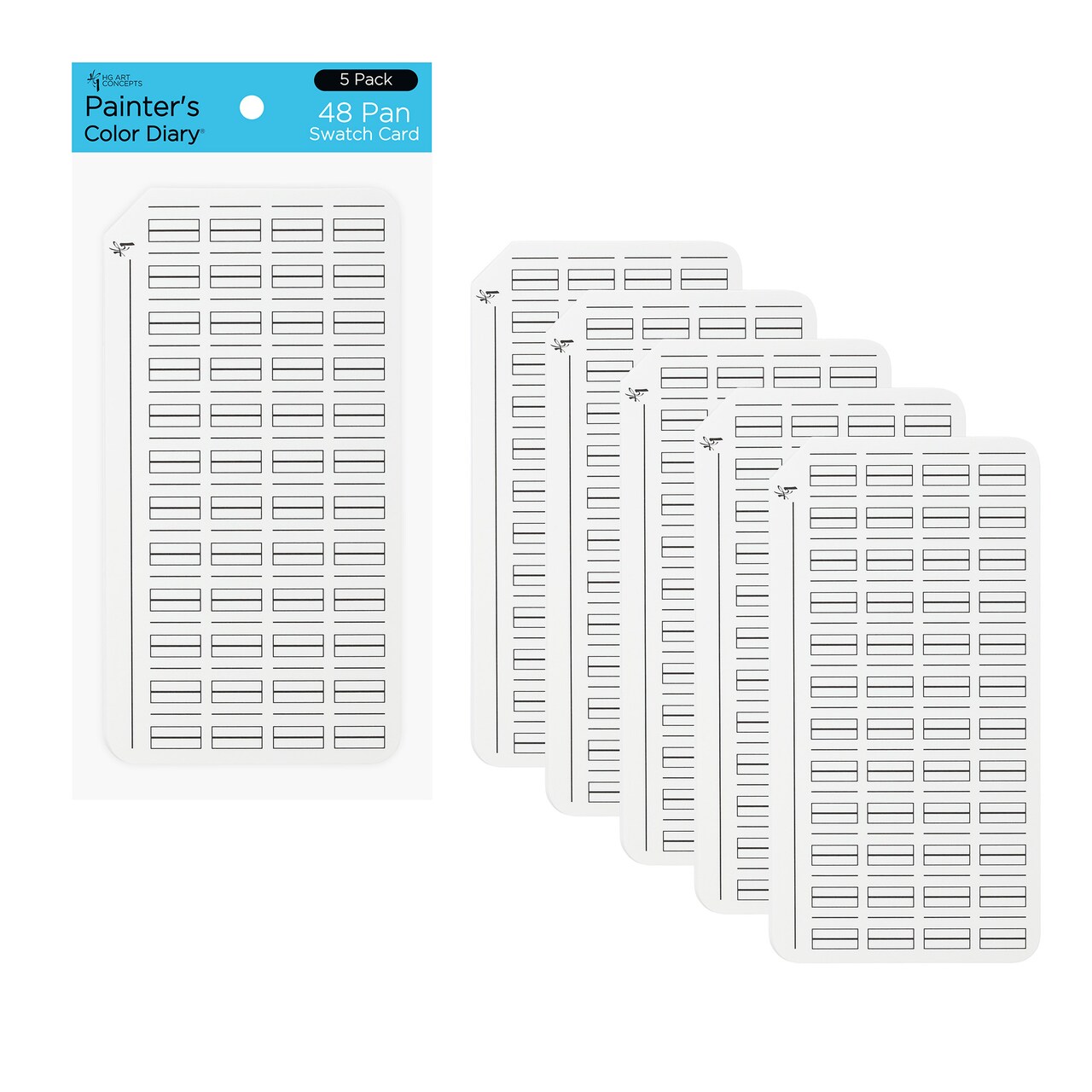 HG Art Concepts Painters Color Diary Watercolor Swatch Card, 48-Pan Size, 5-Pk, 140 lb Hot Press 100% Cotton Paper, Fits New York Central Palette Box, Color Swatch Book for Markers & Colored Pencil